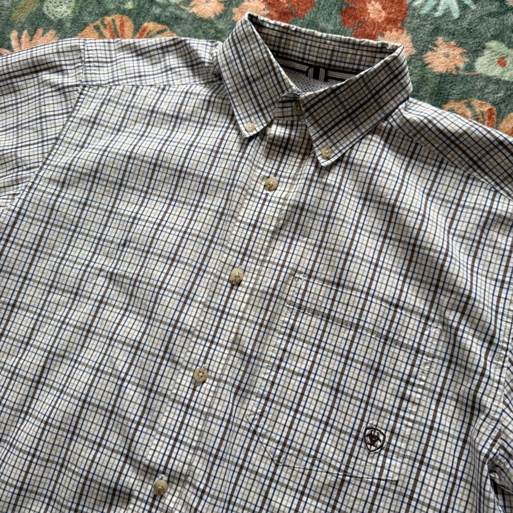 Ariat Pro Series Mens Medium Plaid Short Sleeve Button Down Shirt Brown Blue Tan